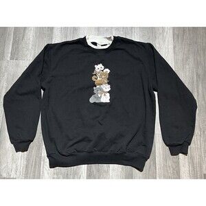 Morning Sun Women Size L Black Pullover Long Sleeve Round Neck Cats Embroidery